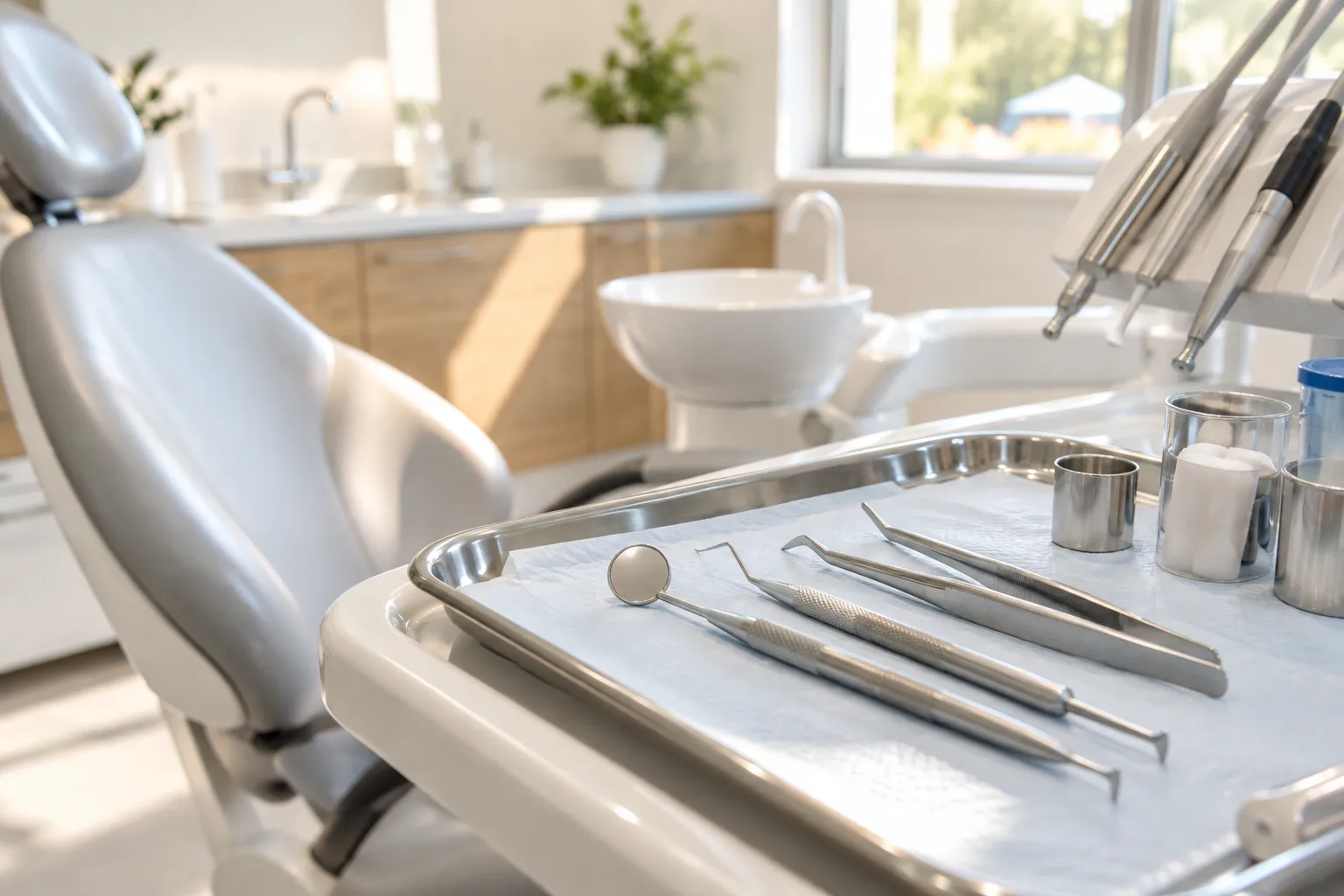 A tray of polished dental cleaning instruments, including a mirror and scalers, beside a white dental chair in a bright, sunlit treatment room