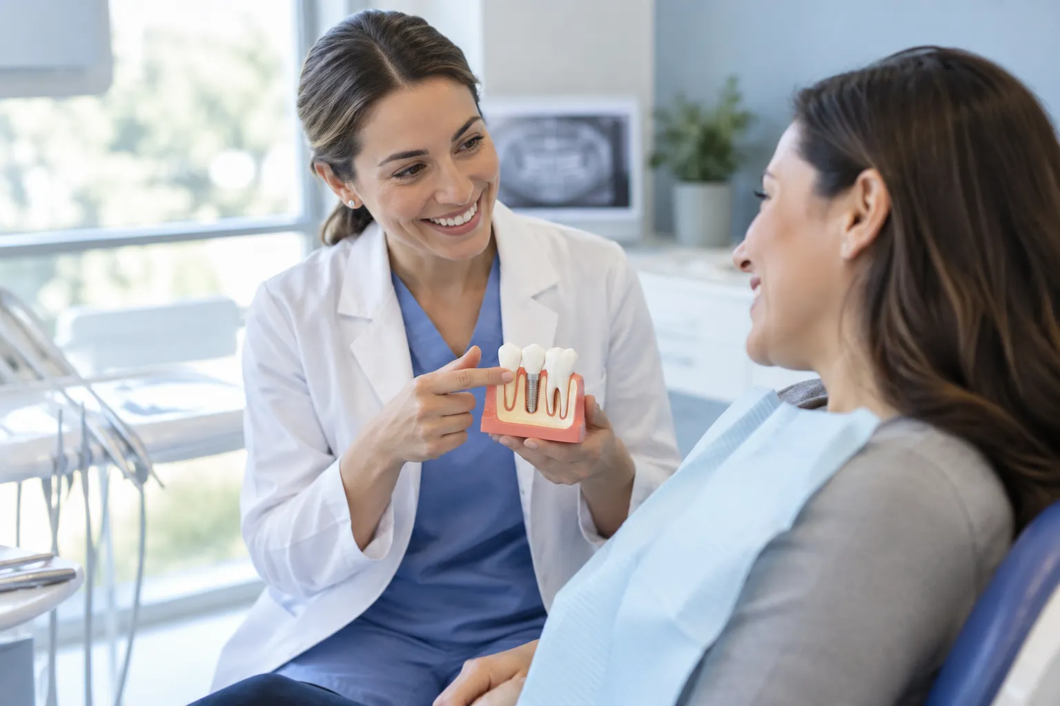A dentist in a white coat holding a dental implant model while explaining the procedure to a smiling patient in a bright exam room