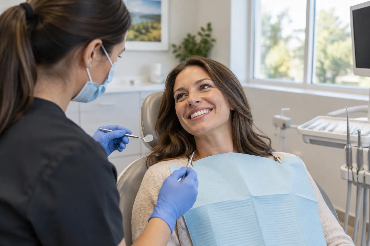 A smiling woman relaxing in a dental chair while a masked dental hygienist in blue gloves holds a mirror and explorer in a bright, sunlit treatment room