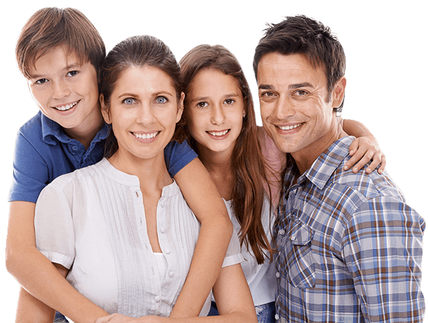 Family of four smiling happily